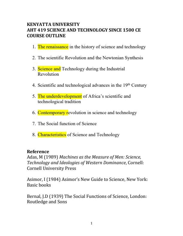 Page 1 – AHT 419: Science and Technology Since 1500 CE Notes – Kenyaplex