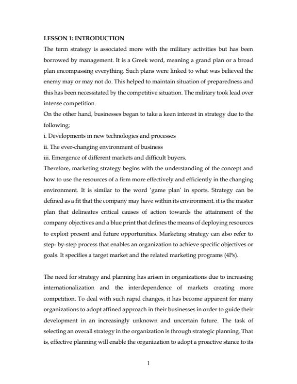 Page 1 – BBA 303 Marketing Strategies and Planning Notes – Kenyaplex