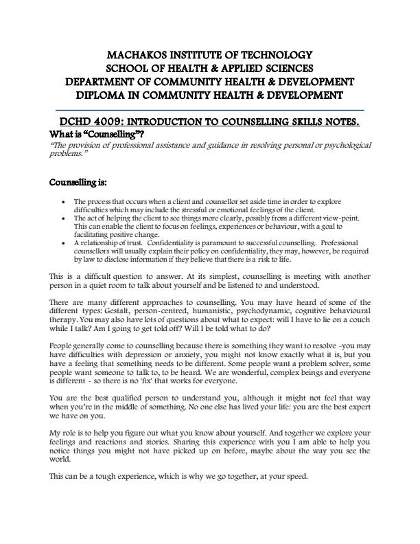 Page 1 – Introduction to Counselling Skills Notes – Kenyaplex