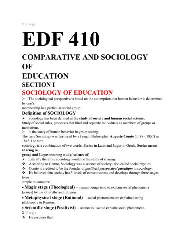 Page 1 – EDF 410 Comparative and Sociology of Education Notes – Kenyaplex