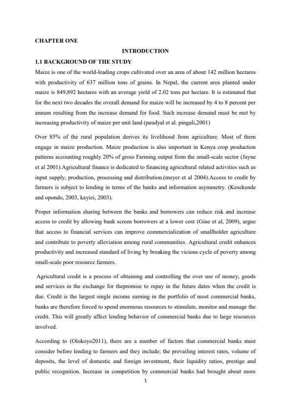 Page 1 – Research project on the Factors Influencing Lending of Loans To Maize Production Farmers by Commercial Banks – Kenyaplex