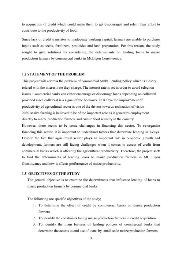 Page 3 – Research project on the Factors Influencing Lending of Loans To Maize Production Farmers by Commercial Banks – Kenyaplex