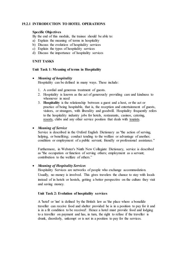 Page 1 – Fundamentals of Hotel Operations Notes – Kenyaplex