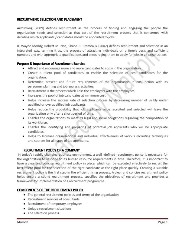 Page 1 – HRM Notes on Recruitment, Selection and Placement – Kenyaplex