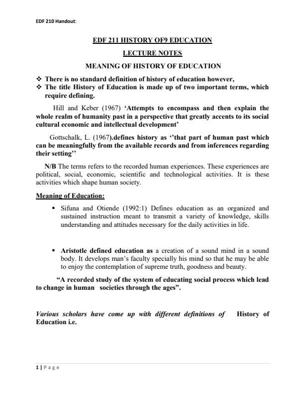 EDF 211 History of Education Notes 9047