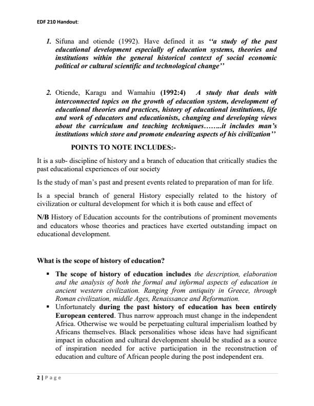 EDF 211 History of Education Notes 9047