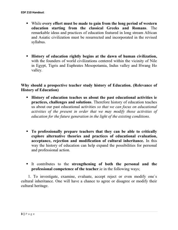 EDF 211 History of Education Notes 9047