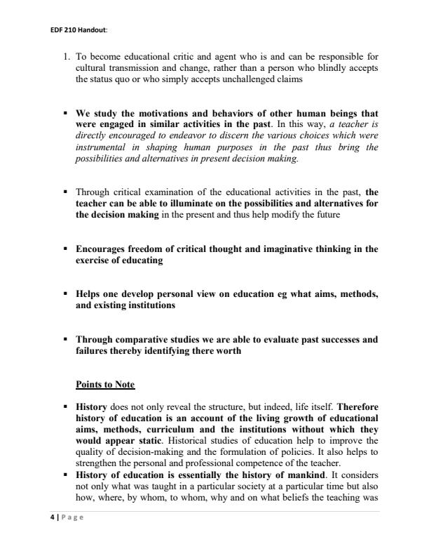 EDF 211 History of Education Notes 9047