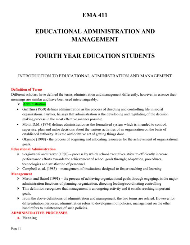 Page 1 – EMA 411: Educational Administration and Management Notes – Kenyaplex