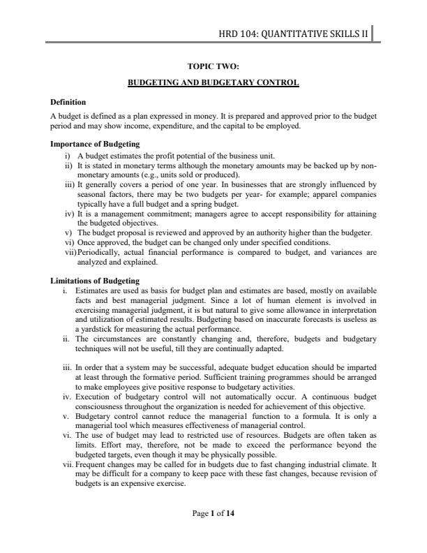 Page 1 – HRD 104 Quantitative Skilles 1 Notes on Budgeting and Budgetary Control – Kenyaplex