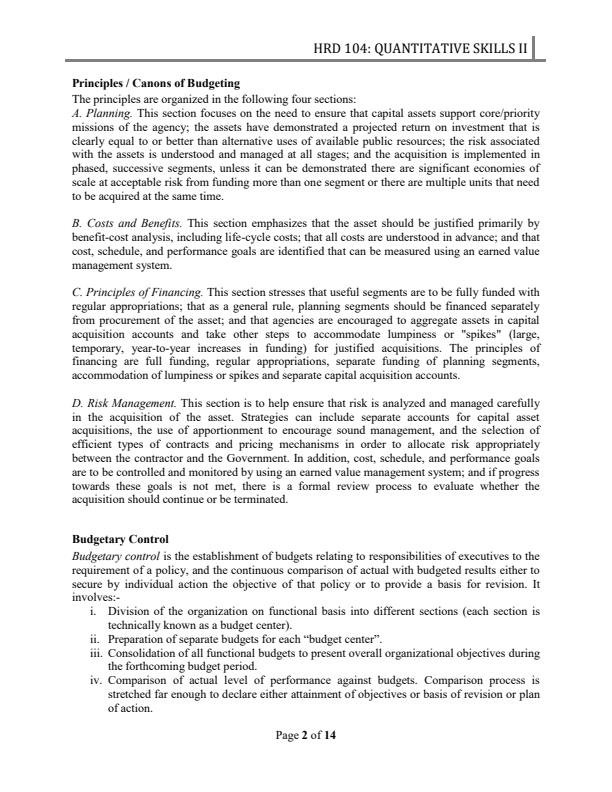 Page 2 – HRD 104 Quantitative Skilles 1 Notes on Budgeting and Budgetary Control – Kenyaplex