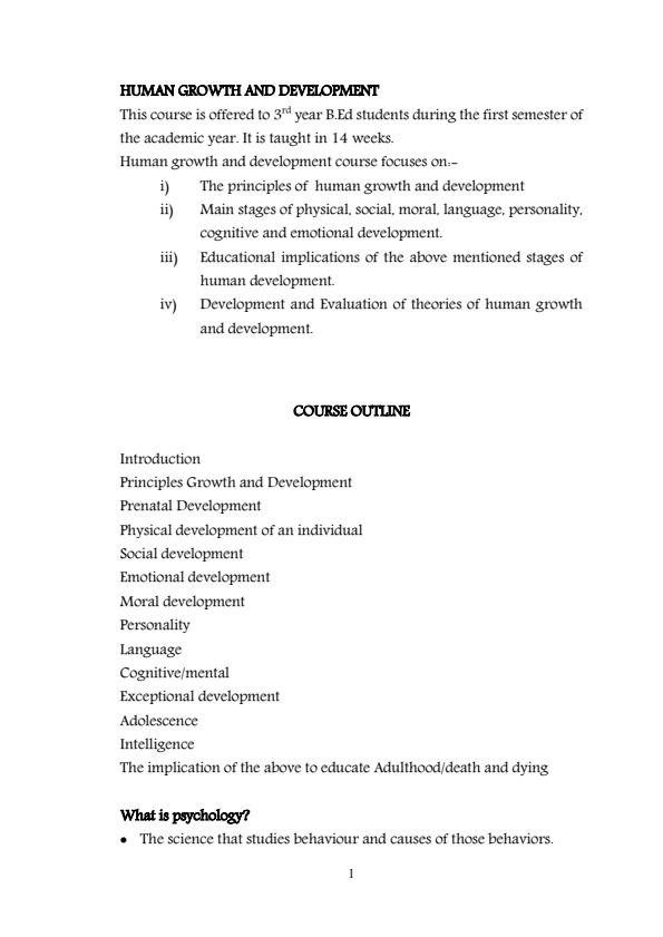 Page 1 – PSY 310: Human Growth and Development Notes – Kenyaplex