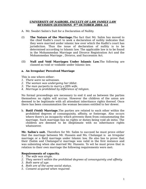 Page 1 – LAW G34: Family Law Revision Questions – Kenyaplex