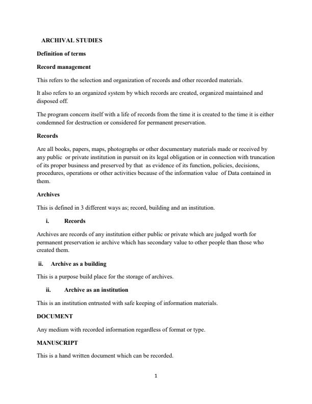Page 1 – Archival Studies Notes for Diploma in Information Studies – Kenyaplex