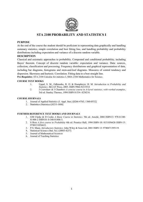 Page 1 – STA 2100 Probability and Statistics I Notes – Kenyaplex