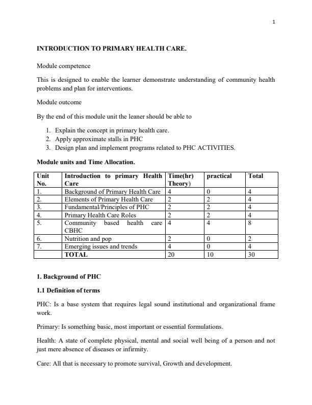 Page 1 – Primary Health Care Notes: Certificate and Diploma in Nutrition and Dietetics – Kenyaplex