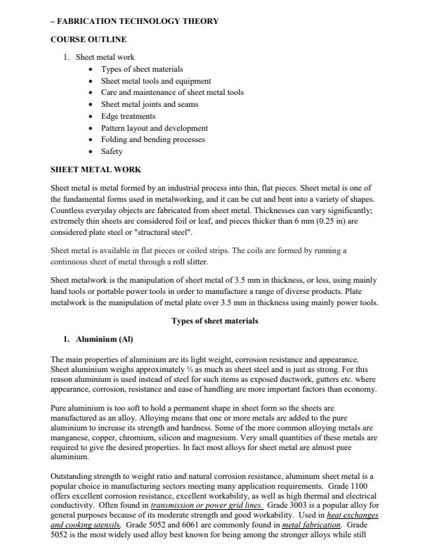 Page 1 – Fabrication Technology Theory: Sheet Metal Work Notes – Kenyaplex