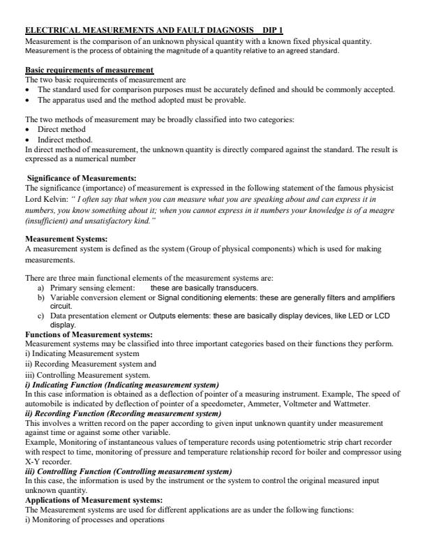 Page 1 – Electrical Measurements and Fault Diagnosis (EMFD) Notes – Kenyaplex