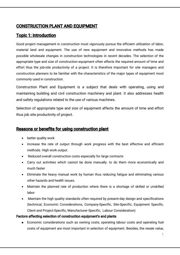 Construction Plant Equipment Notes Diploma in Civil Engineering Module