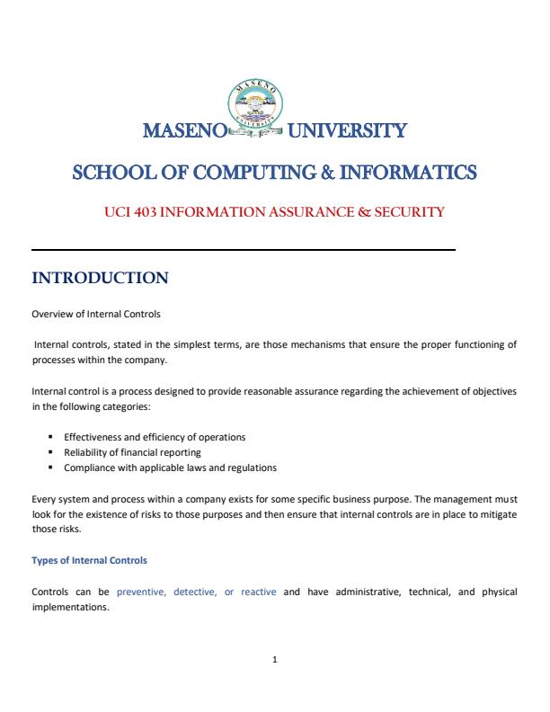 Page 1 – UCI 403: Information System Security and Assurance Lecture Notes – Kenyaplex