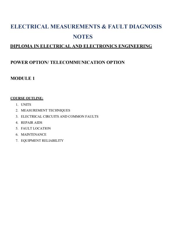 Electrical Measurements and Fault Diagnosis Notes for Diploma in