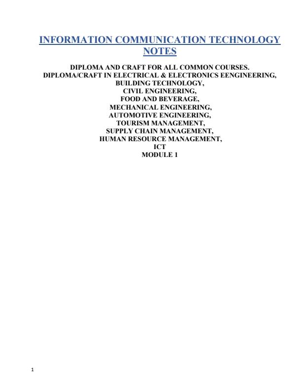 Page 1 – ICT Notes for All Common KNEC Craft and Diploma Courses in Module 1 – Kenyaplex