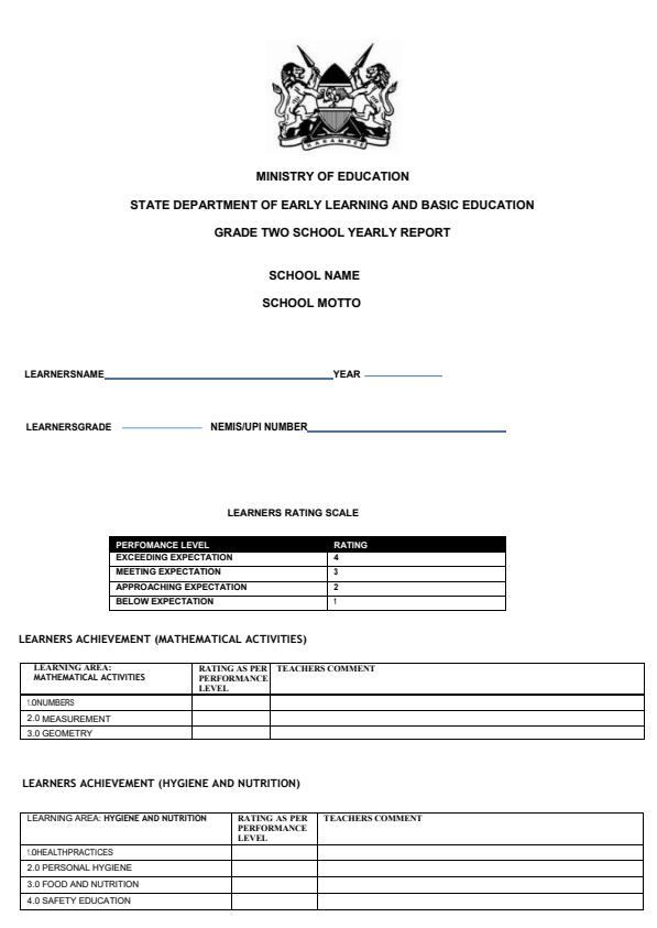 Page 1 – Grade 2 School Yearly Report – Kenyaplex