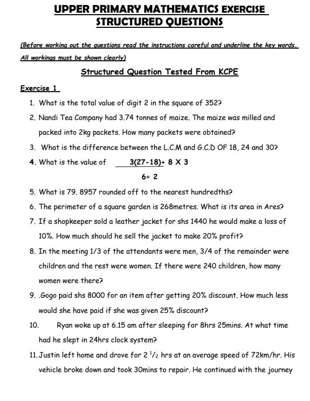 Page 1 – Upper Primary Mathematics Structured Revision Questions – Kenyaplex