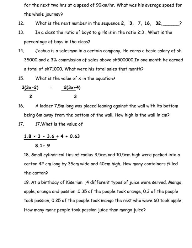 Page 2 – Upper Primary Mathematics Structured Revision Questions – Kenyaplex