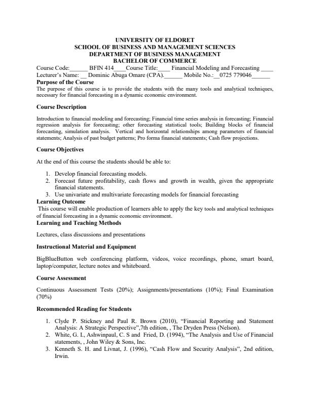 Page 1 – BFIN 414: Financial Modeling and Forecasting Notes – Kenyaplex
