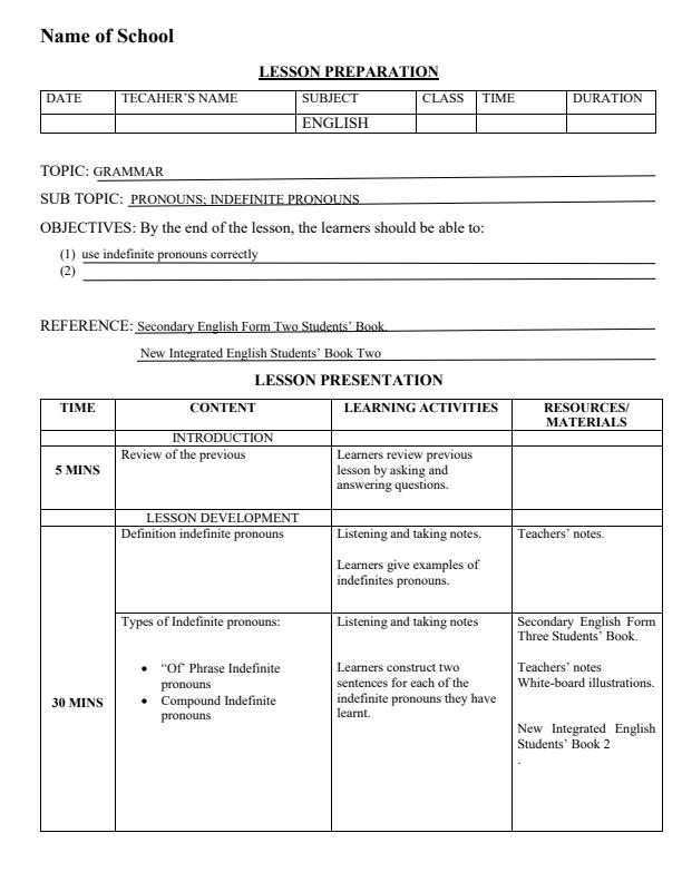 Page 1 – Form 2 English Lesson Plans on Pronouns: Indefinite Pronouns – Kenyaplex
