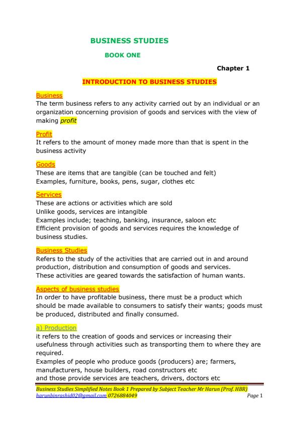 Page 1 – Business Studies Comprehensive Notes Book 1 – Kenyaplex