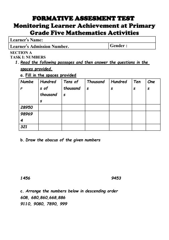 Page 1 – CBC Grade 5 Term 1 Formative Assessment Test 2021 – Kenyaplex