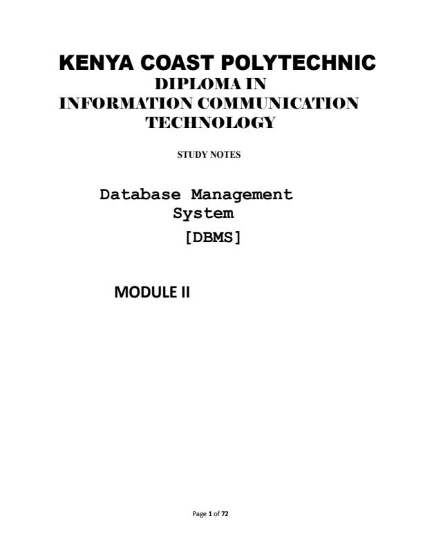 Page 1 – Diploma in ICT: Database Management System Notes – Kenyaplex
