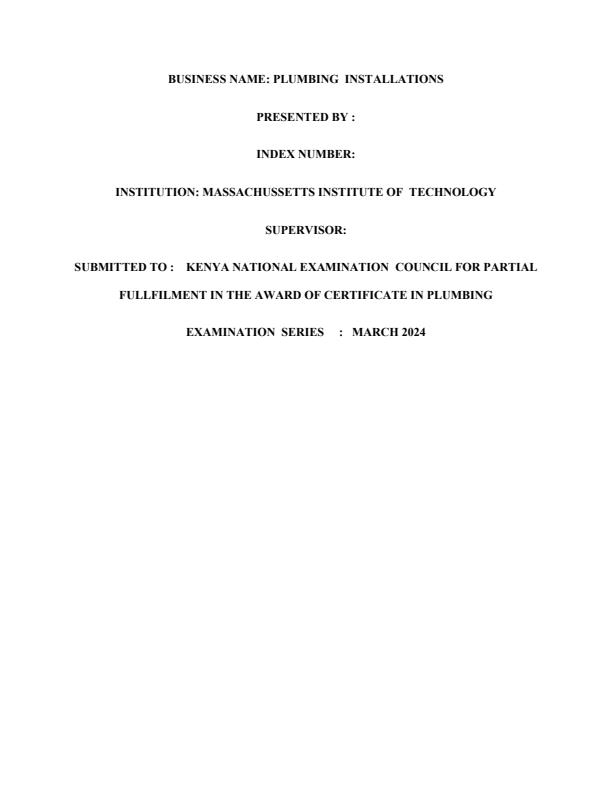 Page 1 – A Sample Certificate/Diploma in Plumbing Business Plan – Kenyaplex