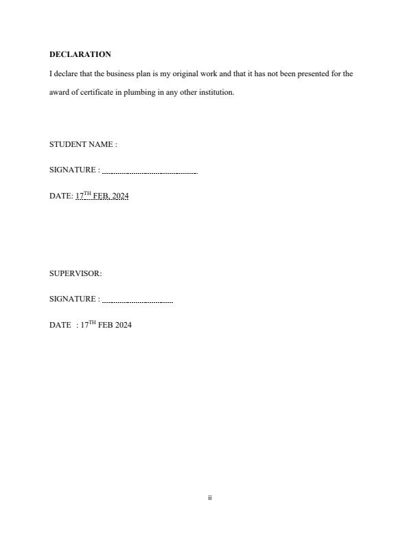 Page 2 – A Sample Certificate/Diploma in Plumbing Business Plan – Kenyaplex