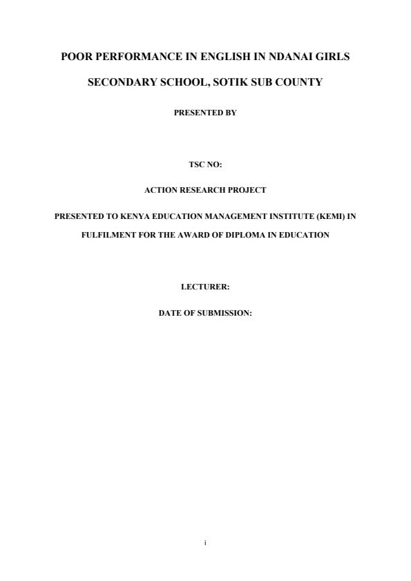 Page 1 – Action Research: Poor performance in English in Ndanai Girls Secondary School, Sotik Sub County – Kenyaplex