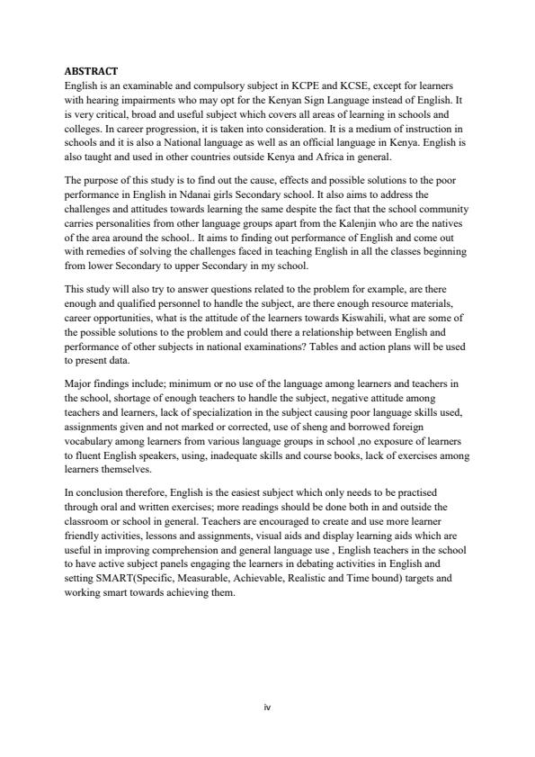 Page 4 – Action Research: Poor performance in English in Ndanai Girls Secondary School, Sotik Sub County – Kenyaplex