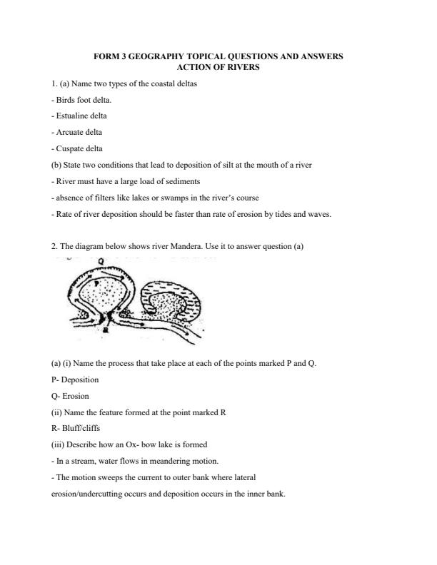 Action of Rivers Topical Questions and Answers Form 3 Geography 16126