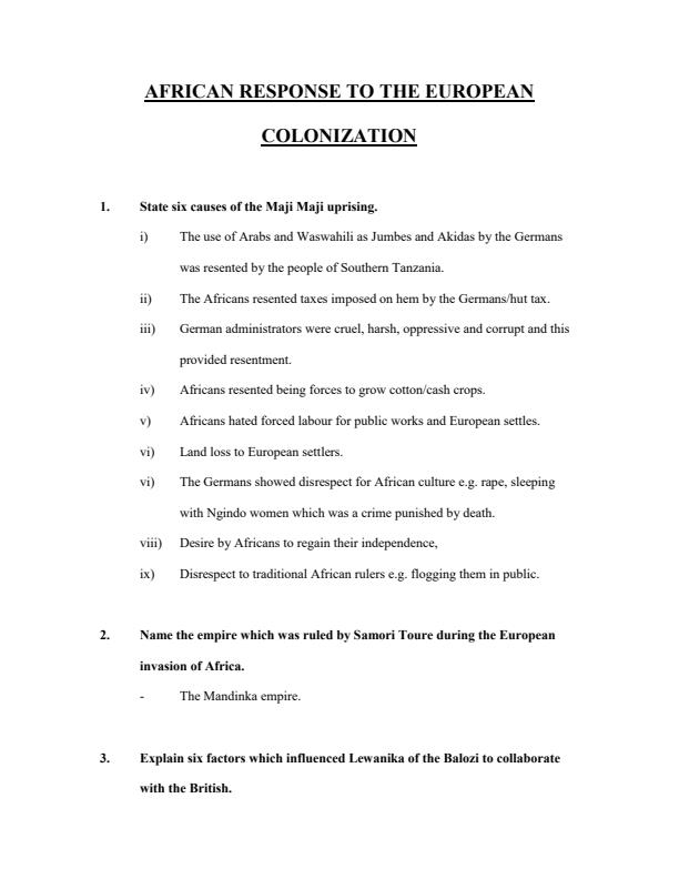 Page 1 – African Response to European Colonization Topical Questions and Answers: Form 3 – Kenyaplex