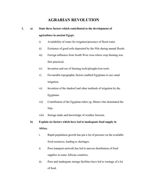 Page 1 – Agrarian Revolution Topical Questions and Answers: Form 1 History and Government – Kenyaplex