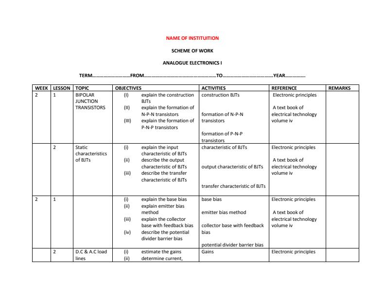 Analogue Electronics 1 Schemes of Work Term 2 for Diploma in Electrical