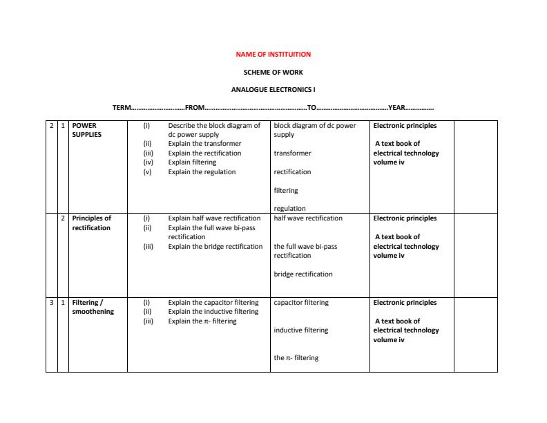Page 1 – Analogue Electronics 1 Schemes of Work Term 3 for Diploma in Electrical and Electronics Engineering Module 1 – Kenyaplex