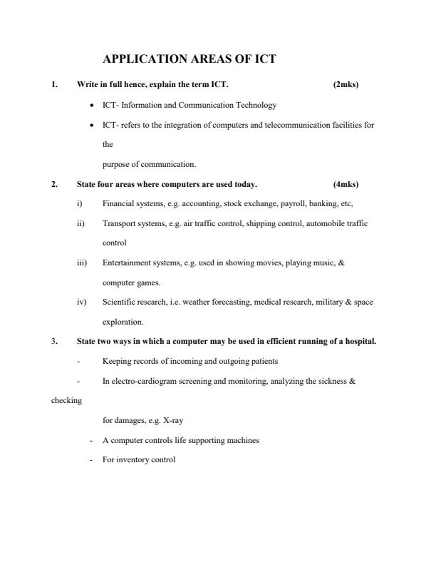 Page 1 – Application Areas of ICT Topical Questions and Answers: Form 4 Computer Studies – Kenyaplex