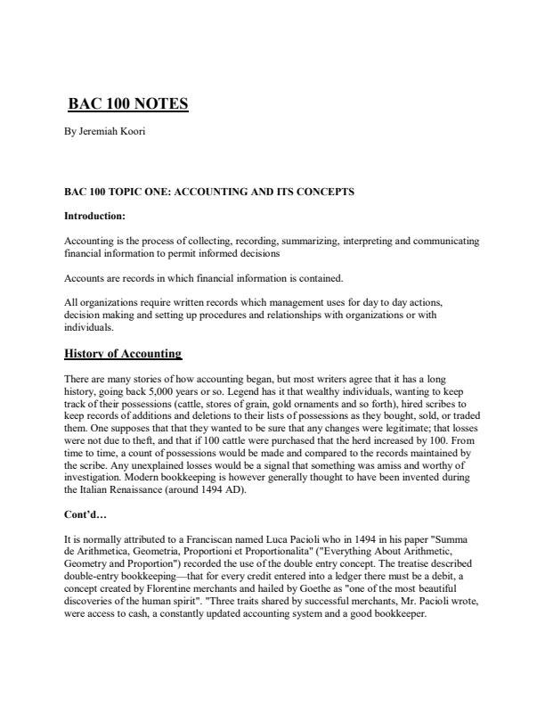 Page 1 – BAC 100: Fundamentals of Accounting I Notes – Kenyaplex