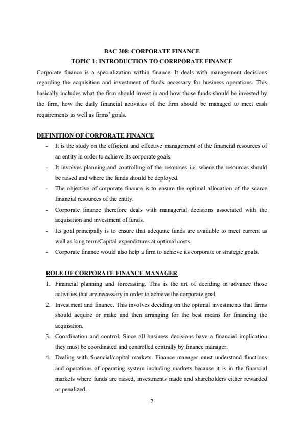 Page 1 – BAC 308: Corporate Finance Notes – Kenyaplex