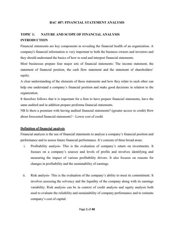Page 1 – BAC 407: Financial Statements Analysis Notes – Kenyaplex