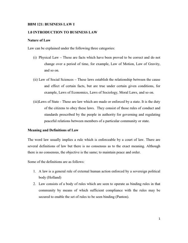Page 1 – BBM 121: Business Law I Notes – Kenyaplex