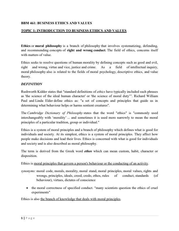 Page 1 – BBM 461: Business Ethics and Values Notes – Kenyaplex