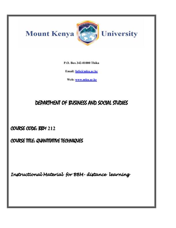 Page 1 – BBM212 Quantitative Techniques Notes – Kenyaplex